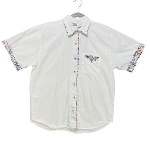 VTG White Cotton Floral Embroidered Short Sleeve Shirt Petite Lg Indie Cottage‎